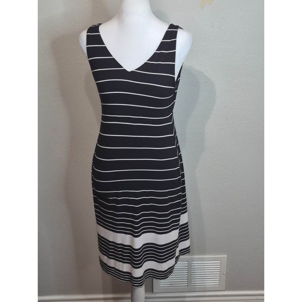 Athleta Womens Small Black White Striped Dress Nautical Coastal Stretch Midi‎